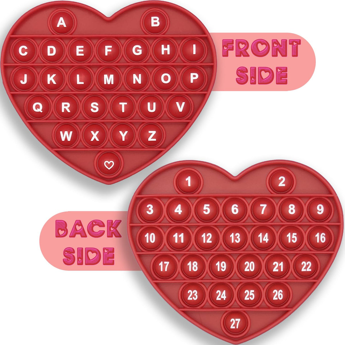 PETBSNVB red heart pop bubble toy with letters and numbers for learning and stress relief.