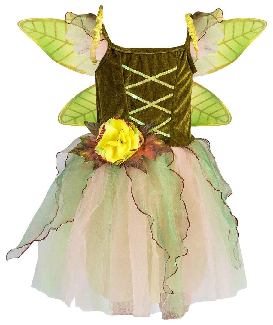 Petitebella fairy costume dress olive green with wings, ideal for birthday party playtime.