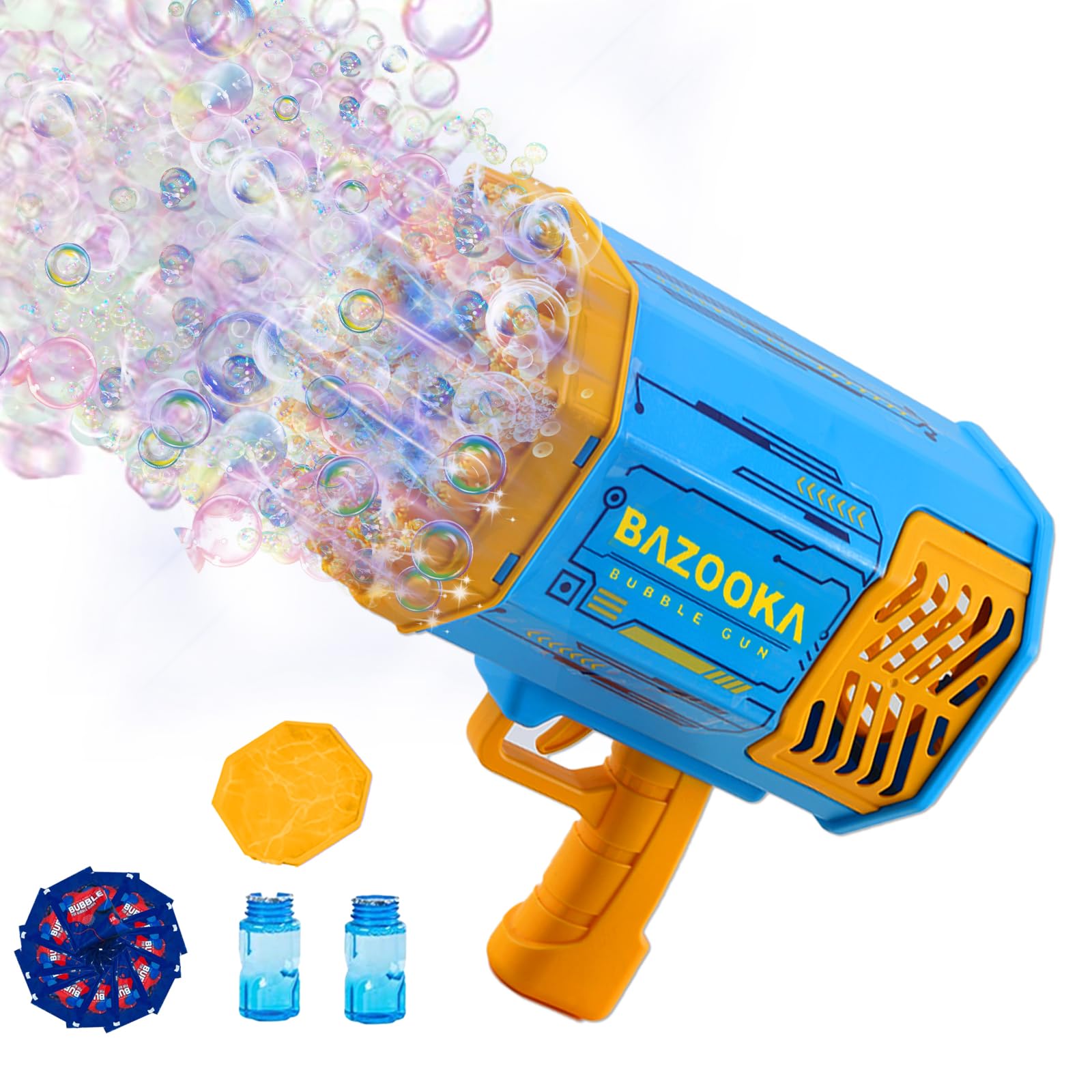 Petrella bubble gun showing 69 holes and colorful lights for night play.
