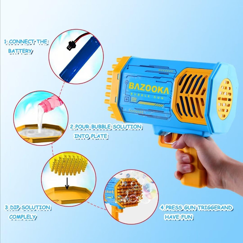 Petrella bubble gun packaging includes accessories for quick setup.