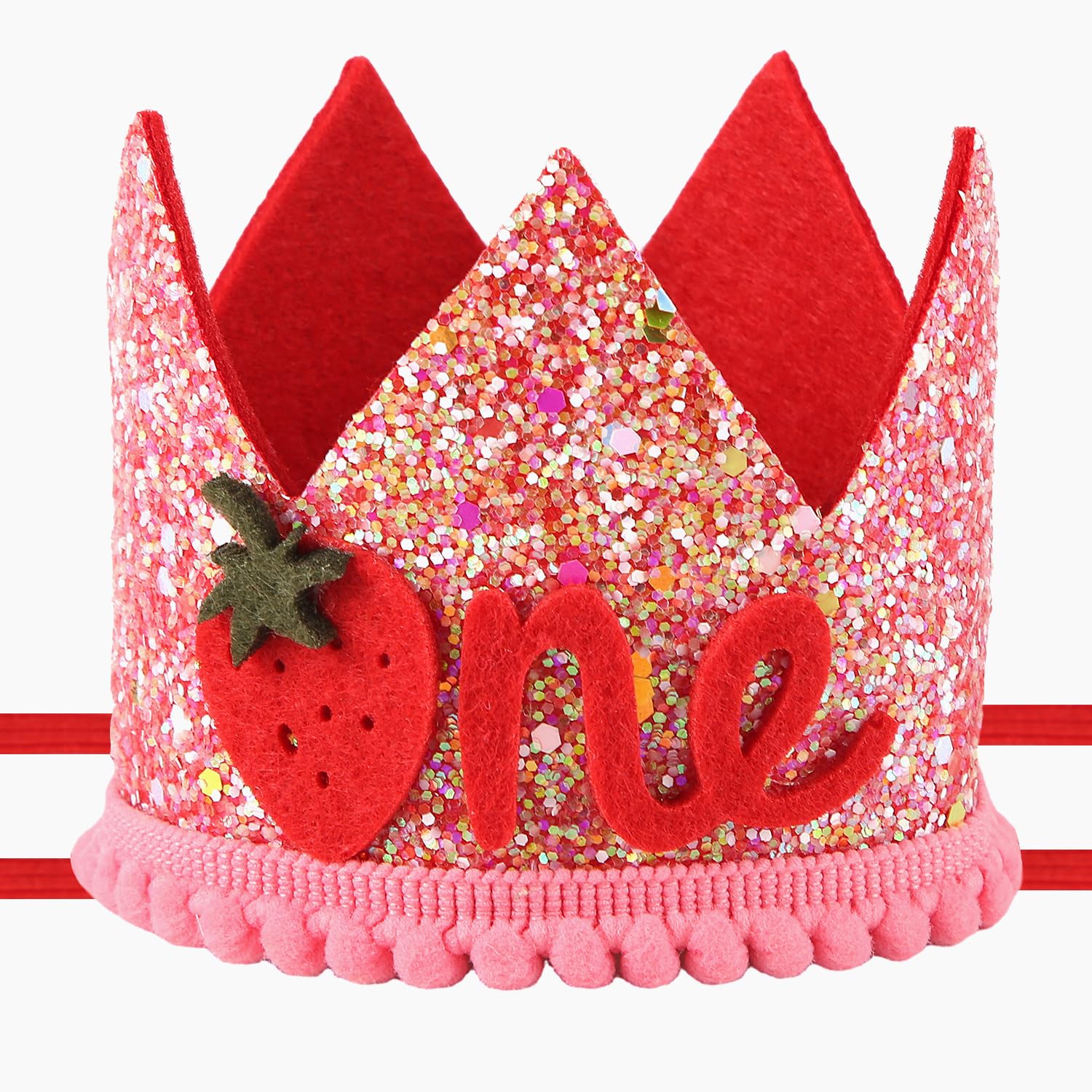 PEUTIER strawberry 1st birthday hat front view with pink sequins for adorable baby photos.
