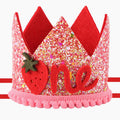 PEUTIER strawberry 1st birthday hat front view with pink sequins for adorable baby photos.
