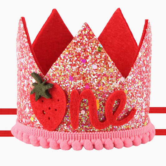 PEUTIER strawberry 1st birthday hat front view with pink sequins for adorable baby photos.