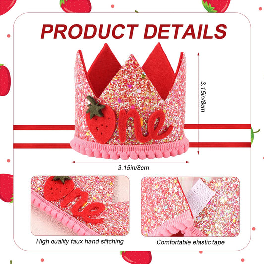 PEUTIER strawberry 1st birthday hat side view showcasing glittery party charm.