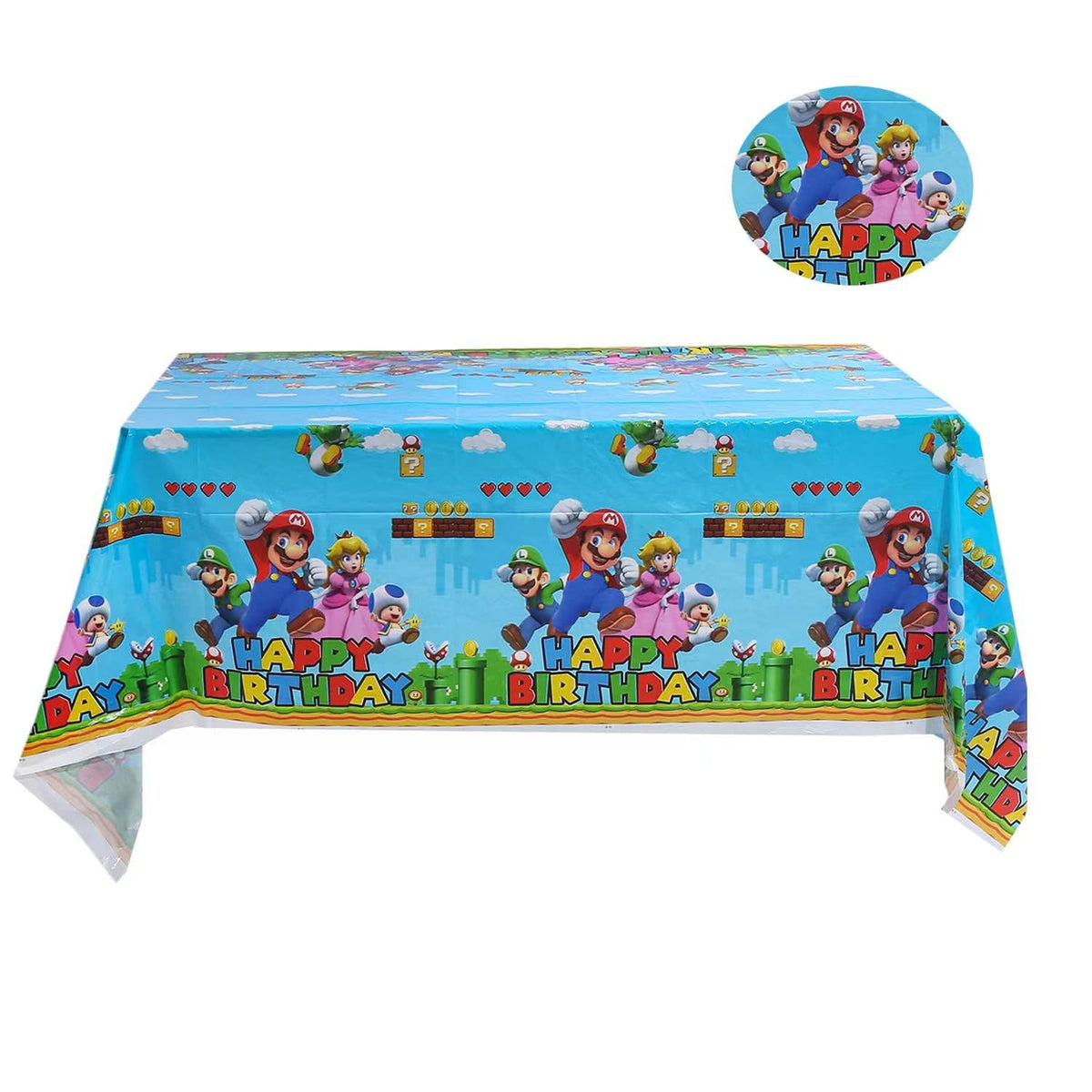 PFinding game-themed red birthday tablecloth protects surfaces during kids' party activities.