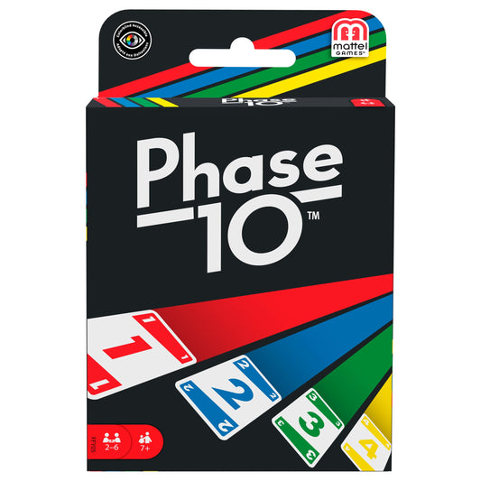 Phase 10 card game packaging on shelf, portable family entertainment.