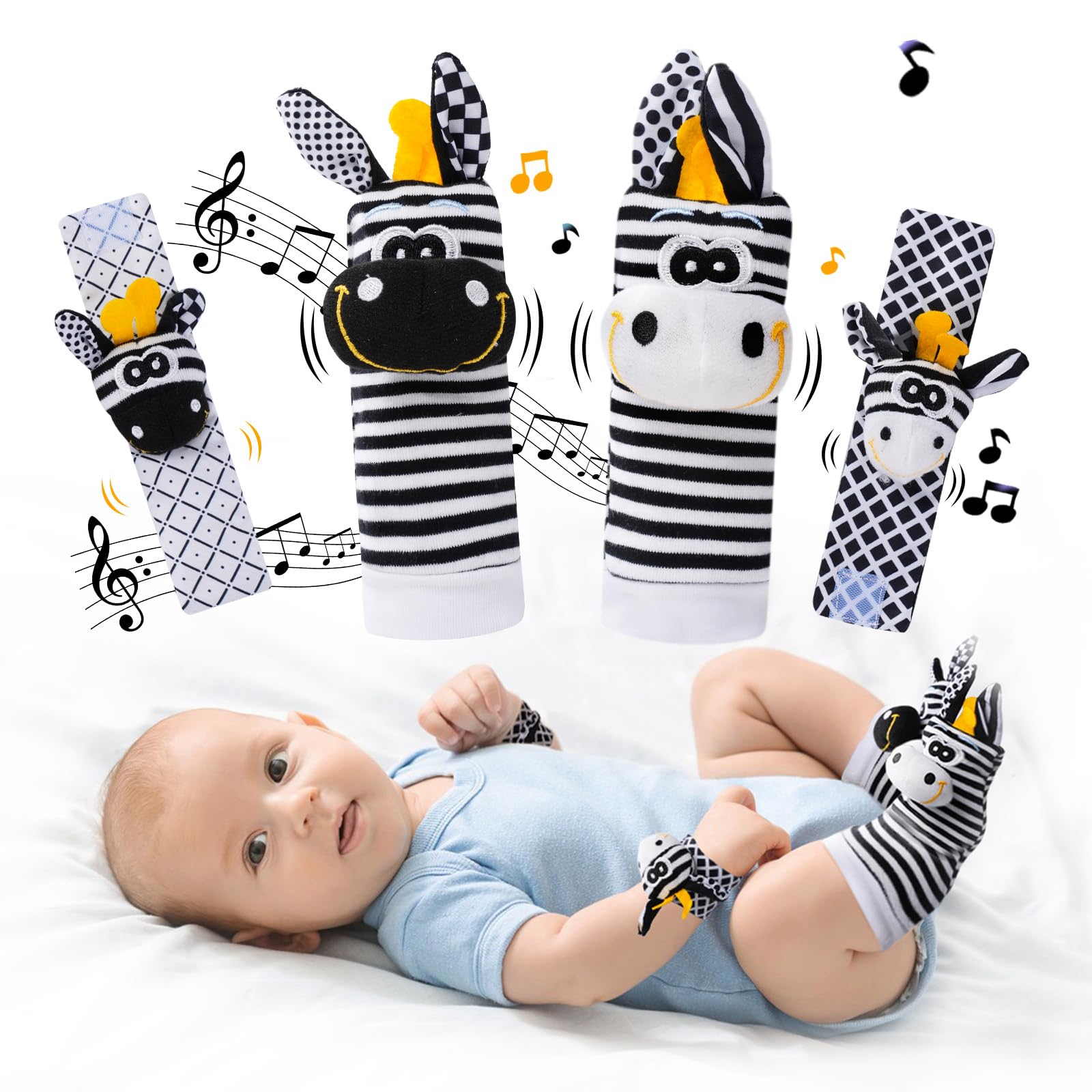 PHEZAPA wrist rattle socks in black and white stimulate newborn visual attention.