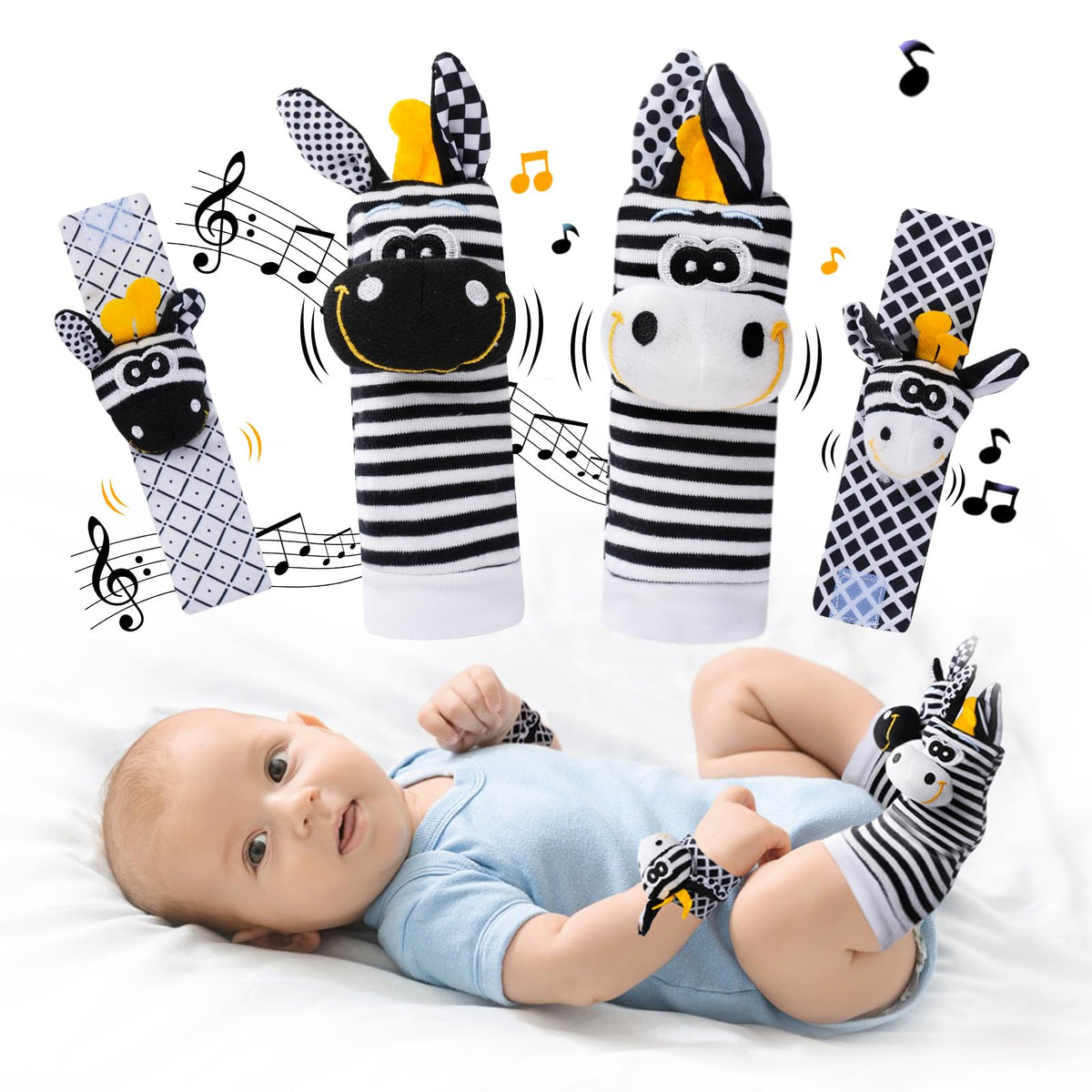 PHEZAPA wrist rattle socks in black and white stimulate newborn visual attention.