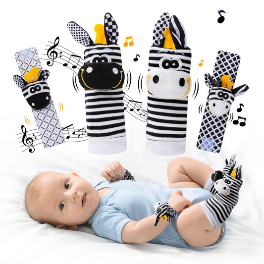 PHEZAPA wrist rattle socks in black and white stimulate newborn visual attention.