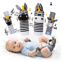 PHEZAPA wrist rattle socks in black and white stimulate newborn visual attention.