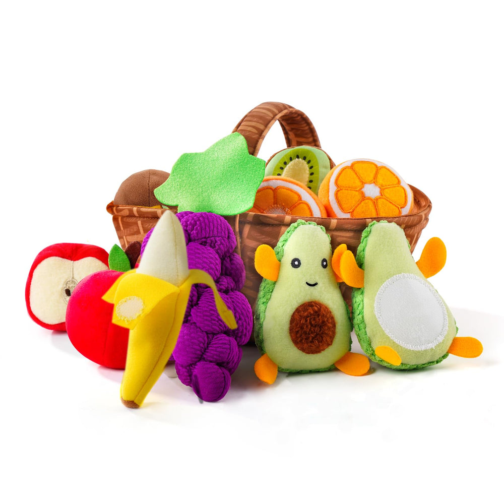 PHEZAPA plush play food with fruit basket supports sensory exploration for toddlers.