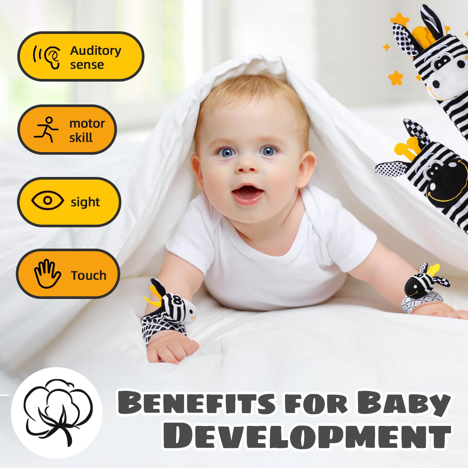 PHEZAPA safe wrist rattle with adjustable Velcro for comfy play.