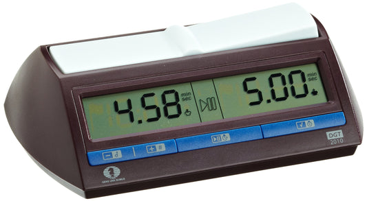 Philos DGT2010 clock with FIDE logo provides reliable tournament timing.