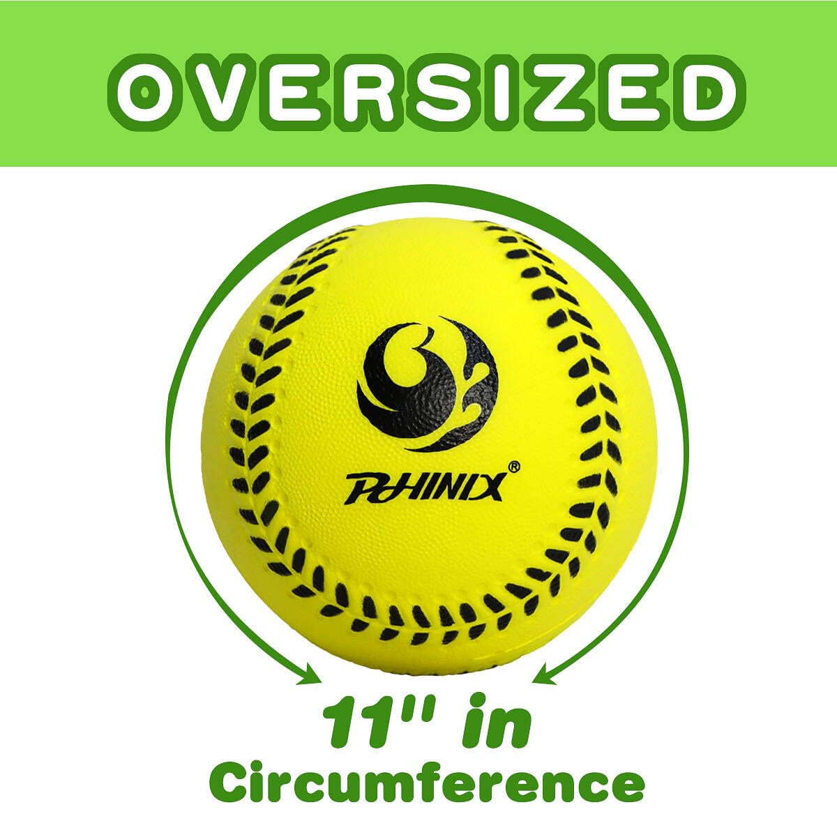 PHINIX 11-inch foam softball in green with high visibility for easy tracking.