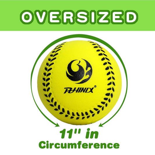 PHINIX 11-inch foam softball in green with high visibility for easy tracking.