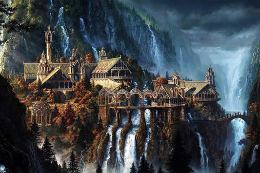 Phinli Lord of Rings 1000-piece puzzle Waterfall Town cover invites focused, relaxing evenings.