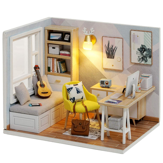 Piberagi DIY dollhouse kit front view enhances display appeal.