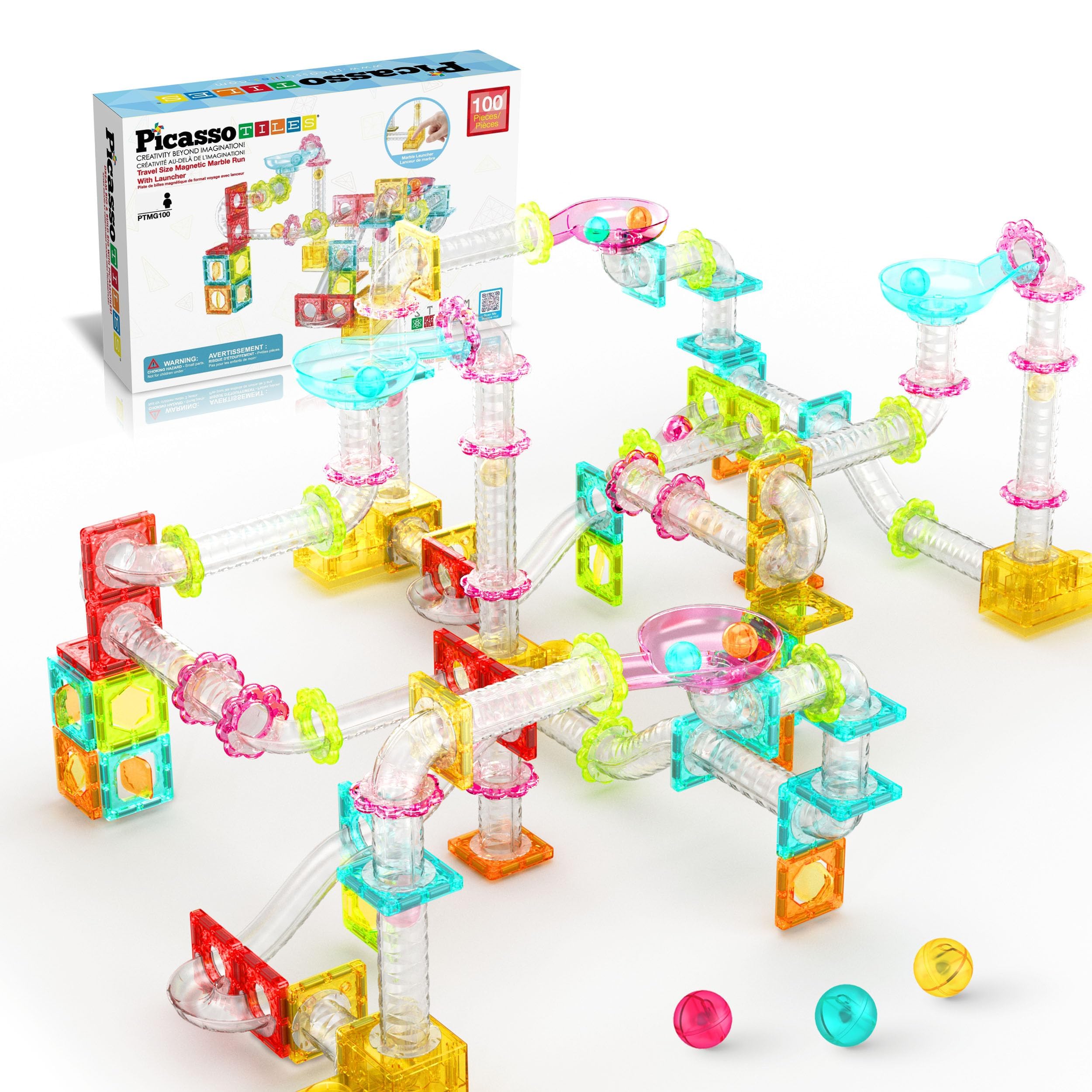 PicassoTiles 100pc marble run travel kit enables portable imaginative play and STEM exploration.