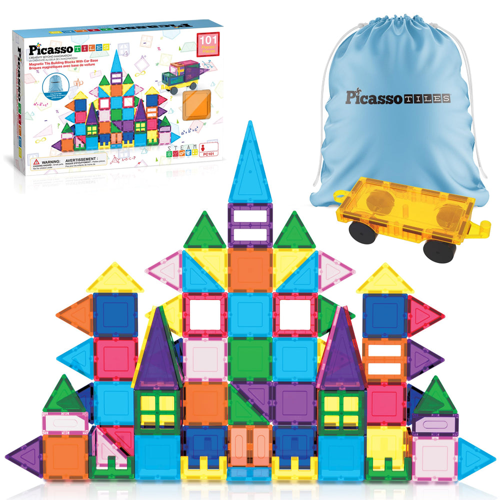 PicassoTiles 101-pcs magnetic tiles arranged for colorful creative building.