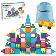 PicassoTiles 101-pcs magnetic tiles arranged for colorful creative building.