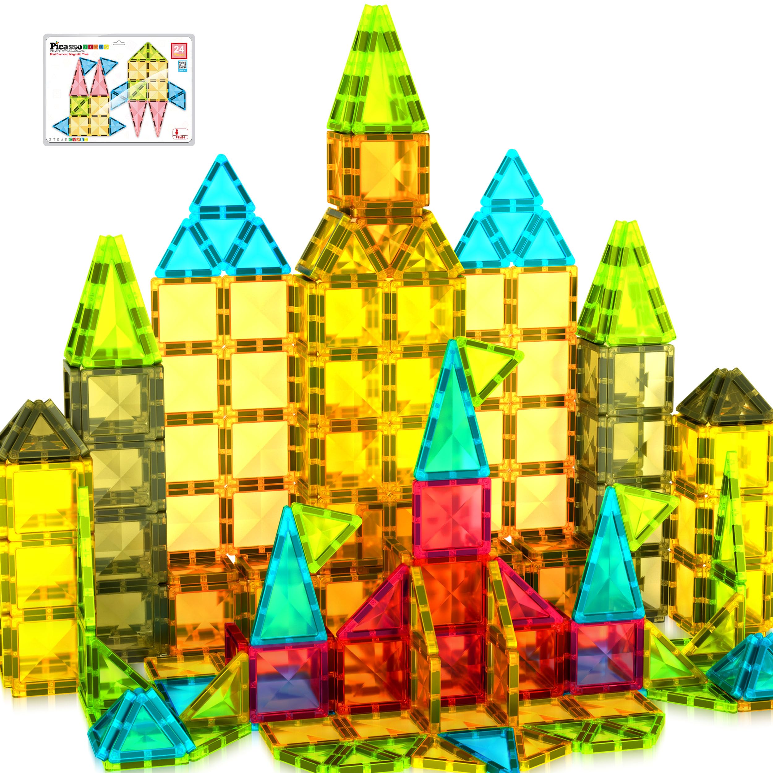 PicassoTiles 24pc mini diamond travel set for on-the-go learning.