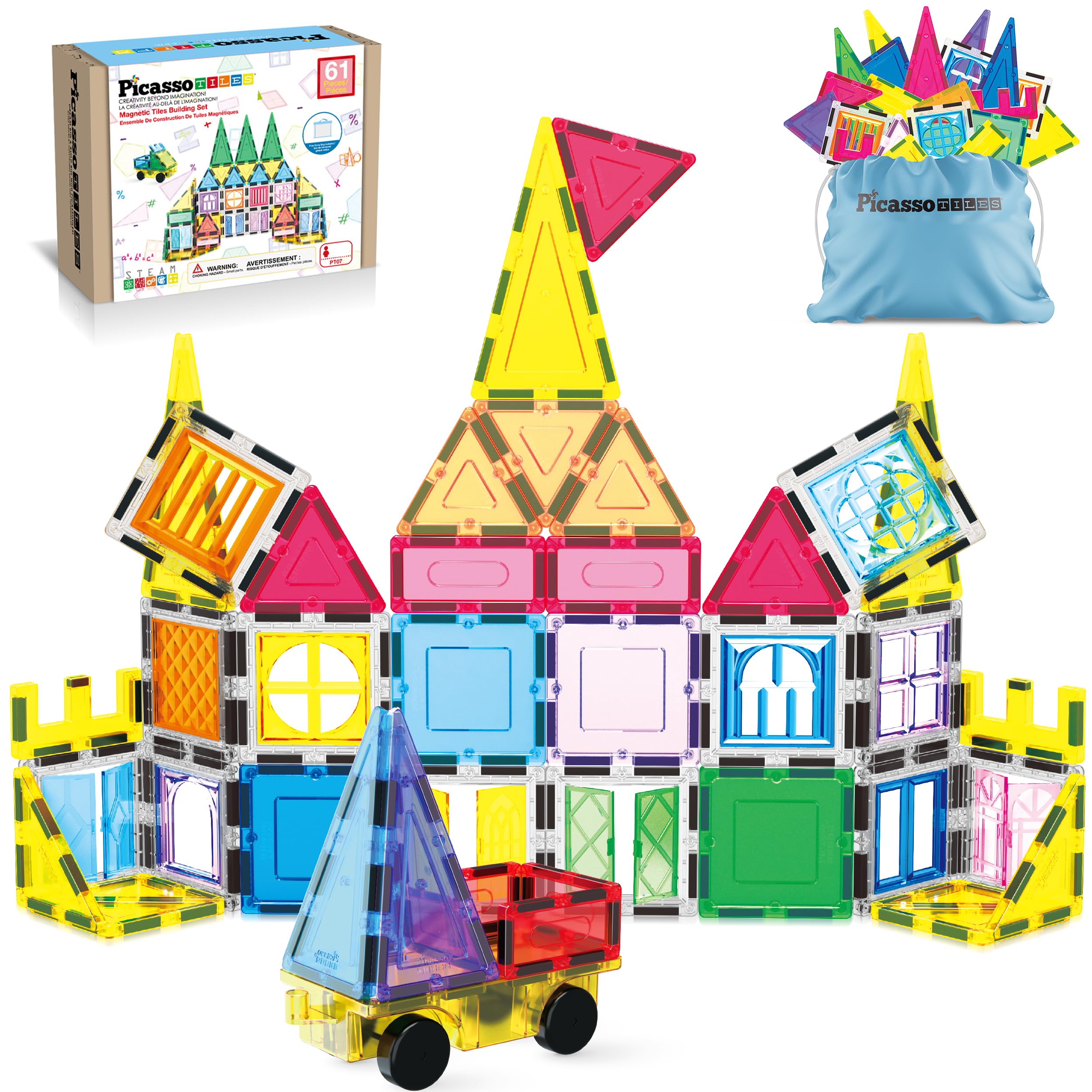PicassoTiles 61-piece magnetic tiles set in bright colors for creative building.