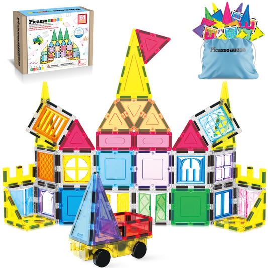 PicassoTiles 61-piece magnetic tiles set in bright colors for creative building.