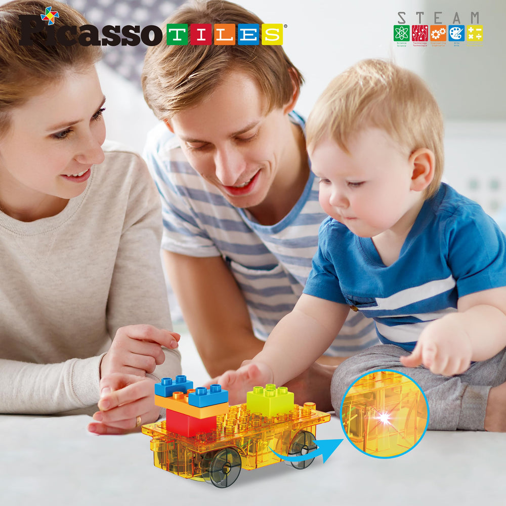PicassoTiles battery-powered motor powered by three AA batteries for motion.