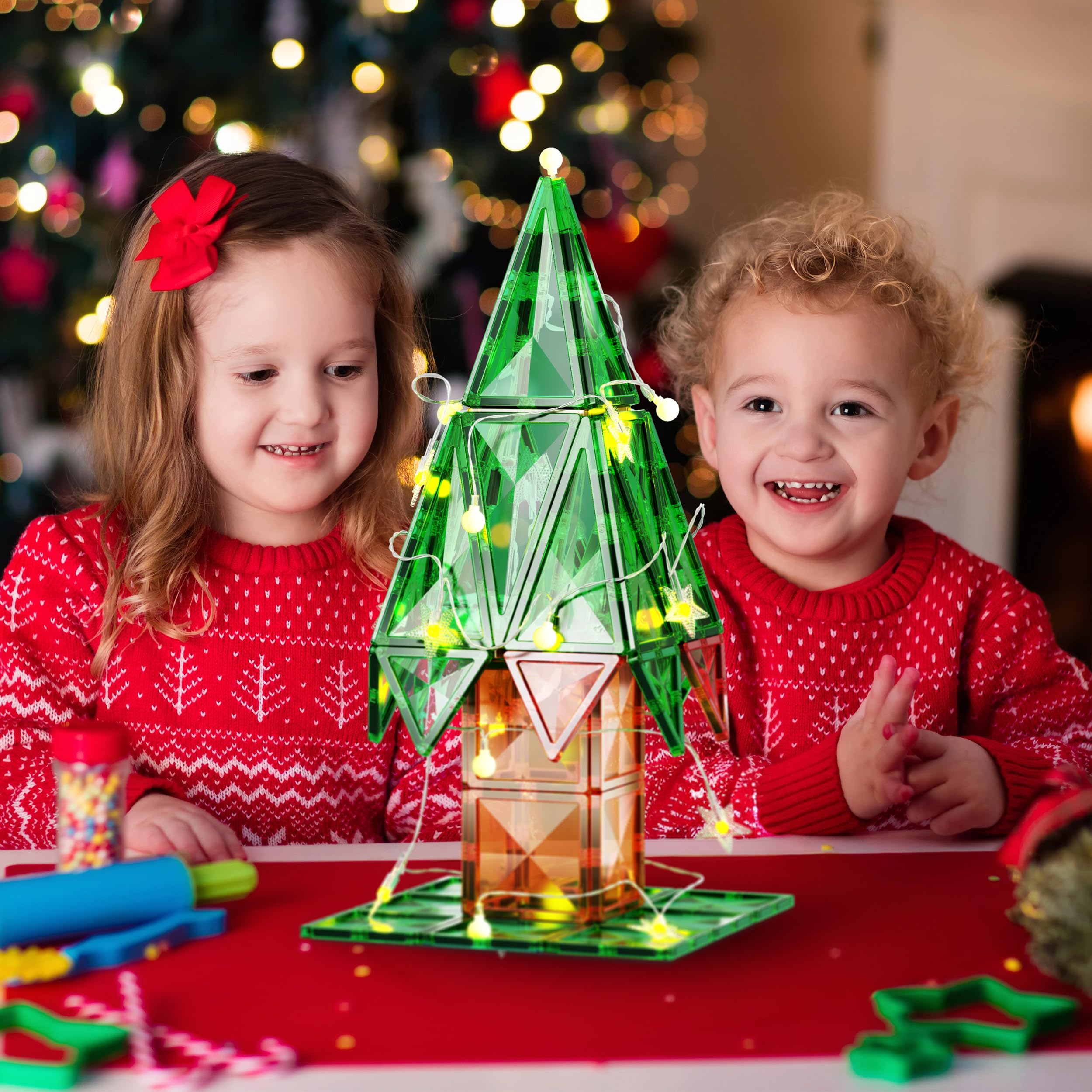 PicassoTiles Christmas LED lights illuminate creative builds and festive scenes