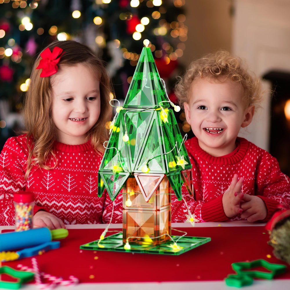 PicassoTiles Christmas LED lights illuminate creative builds and festive scenes