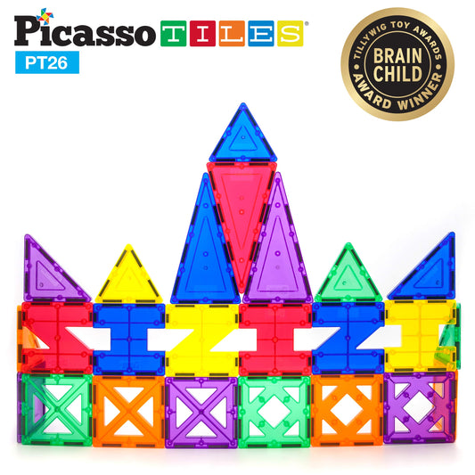 PicassoTiles clear magnetic tiles set enables easy 3D assembly and imaginative architecture.