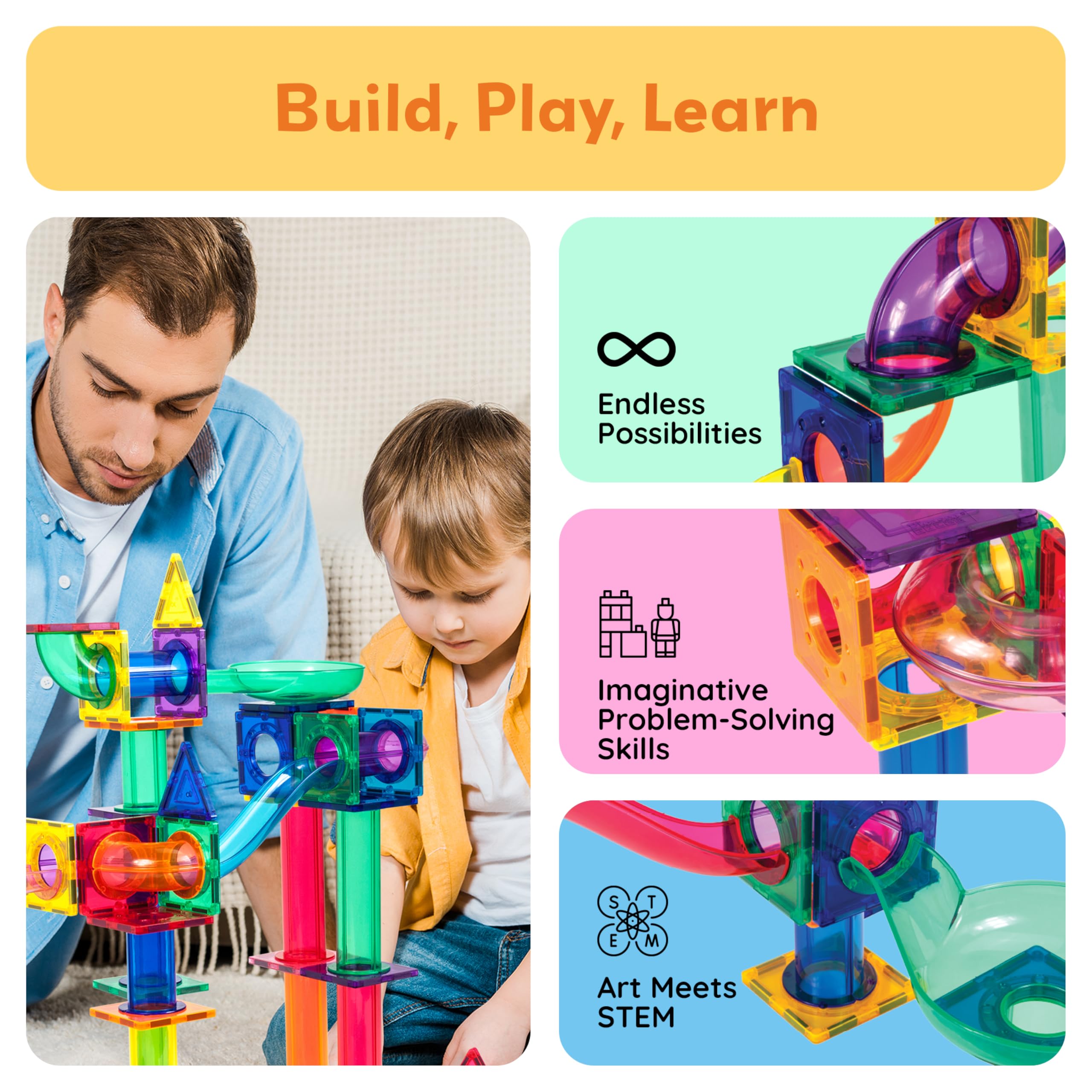 PicassoTiles curved-slopes enable dynamic marble paths and creative problem solving.