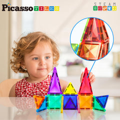 PicassoTiles diamond-finish tiles showcase stylish patterns during playtime