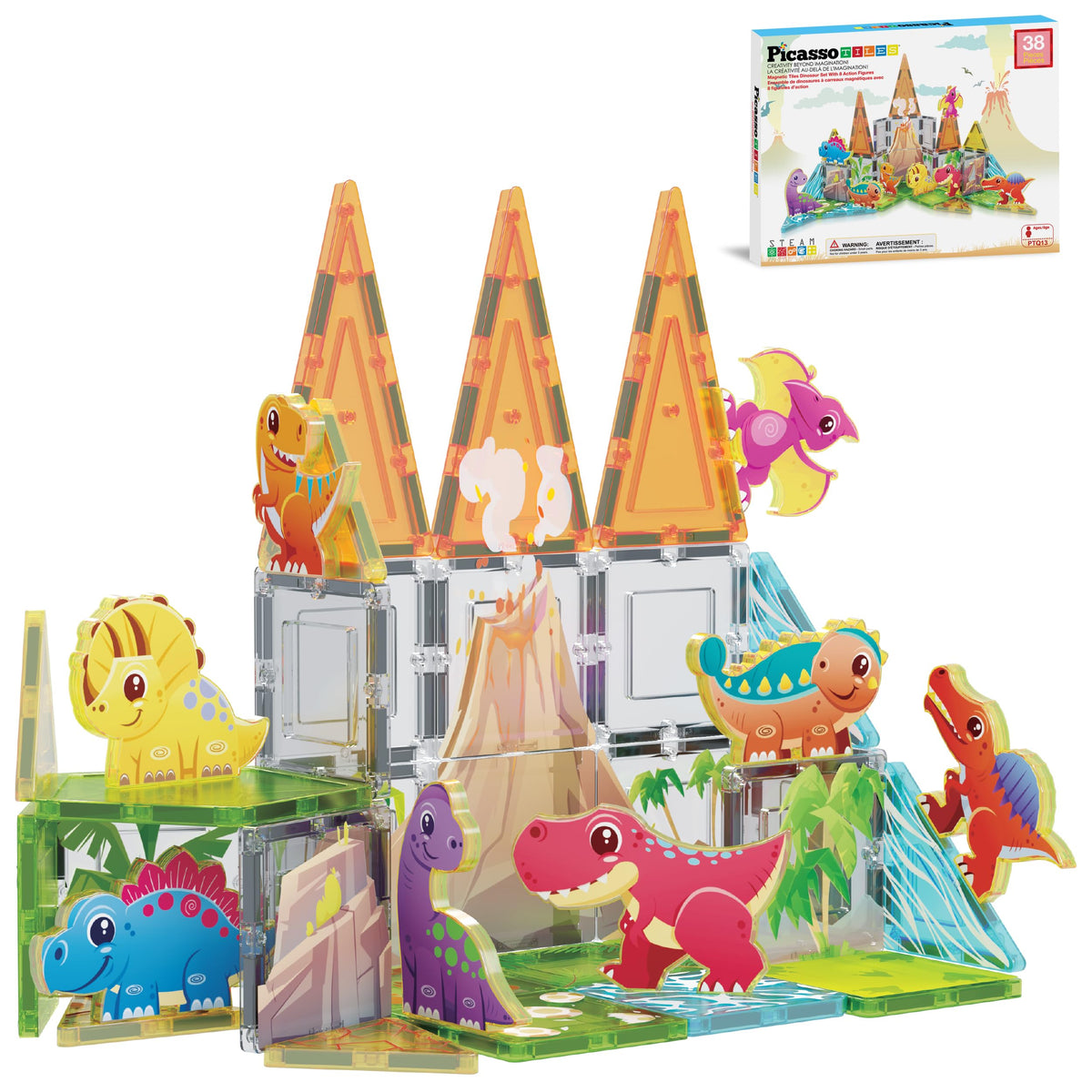 PicassoTiles Dino 38pcs tiles: sturdy magnetic pieces for creative building and pretend play.