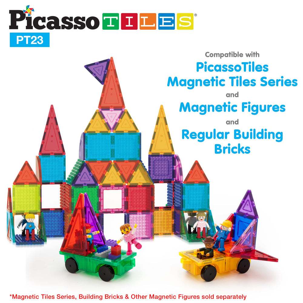 PicassoTiles embossed seat-slot design securely holds figures during creative builds.