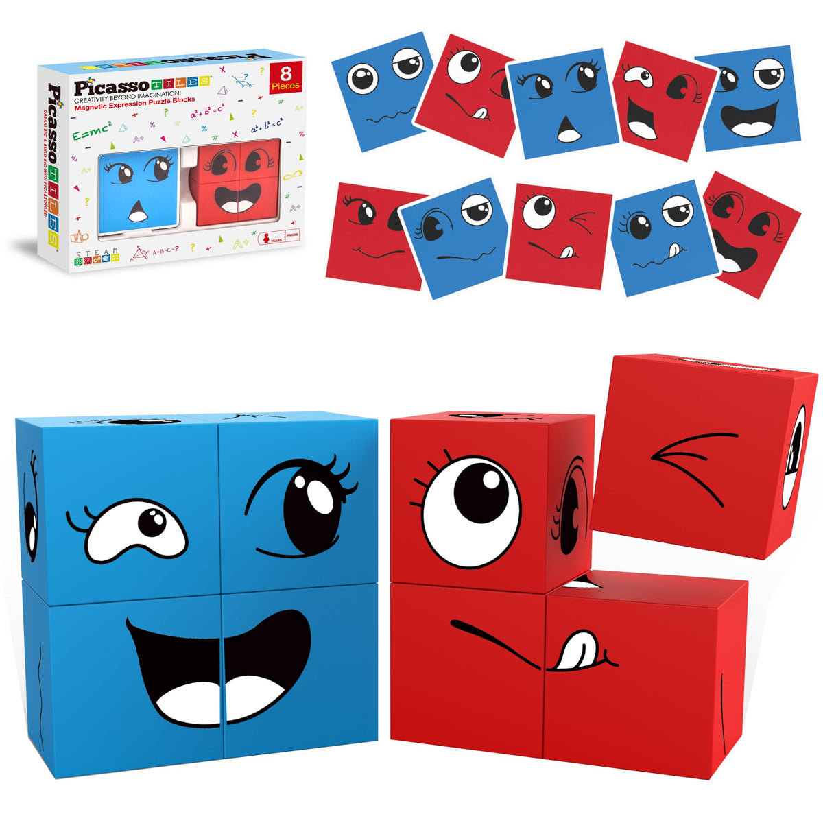 PicassoTiles emotion cubes showcase colorful facial expressions for imaginative storytelling and social play.
