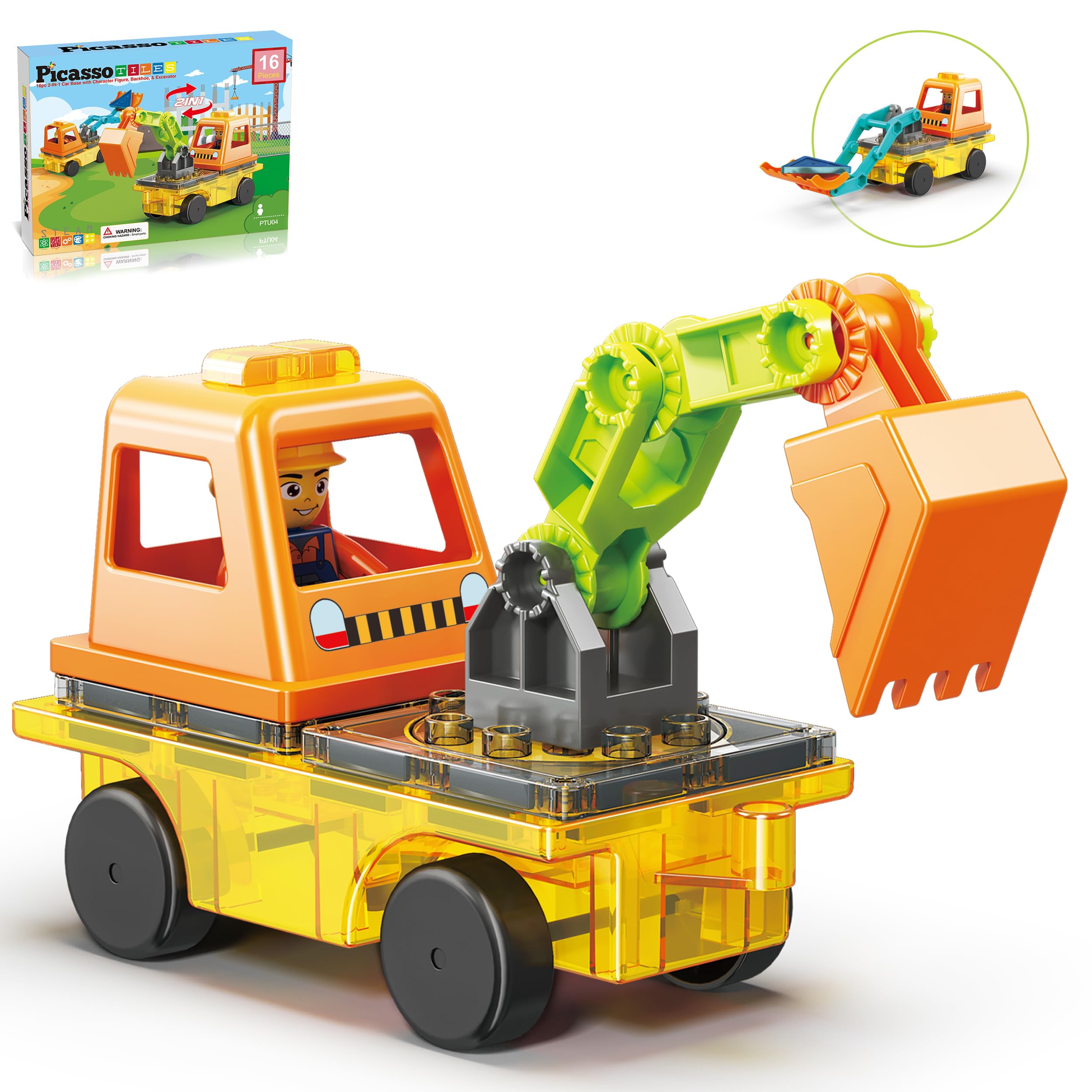 PicassoTiles excavator-backhoe 2-in-1 in action, boosting imaginative building.