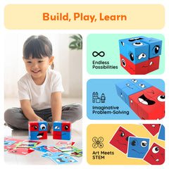 PicassoTiles face mix-and-match cubes let kids create silly expressions for expressive pretend play.