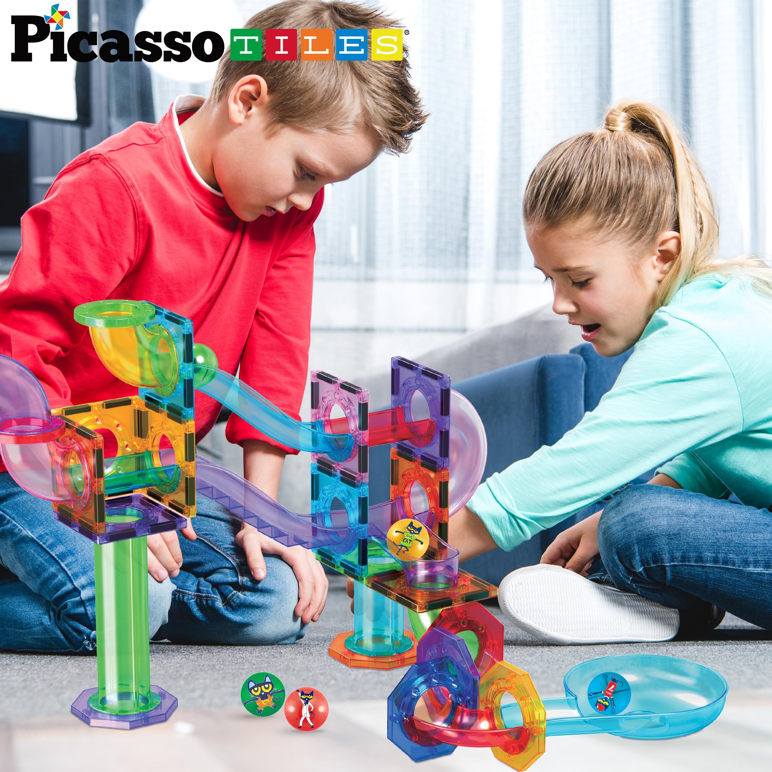 PicassoTiles group play marbles racing through a shared track loop