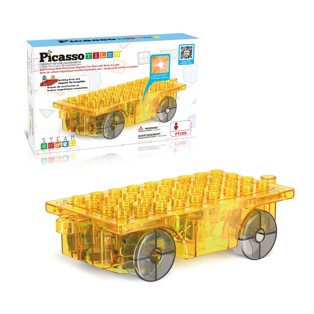 PicassoTiles magnet car base with omnidirectional movement enabling dynamic pretend play.