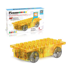 PicassoTiles magnet car base with omnidirectional movement enabling dynamic pretend play.