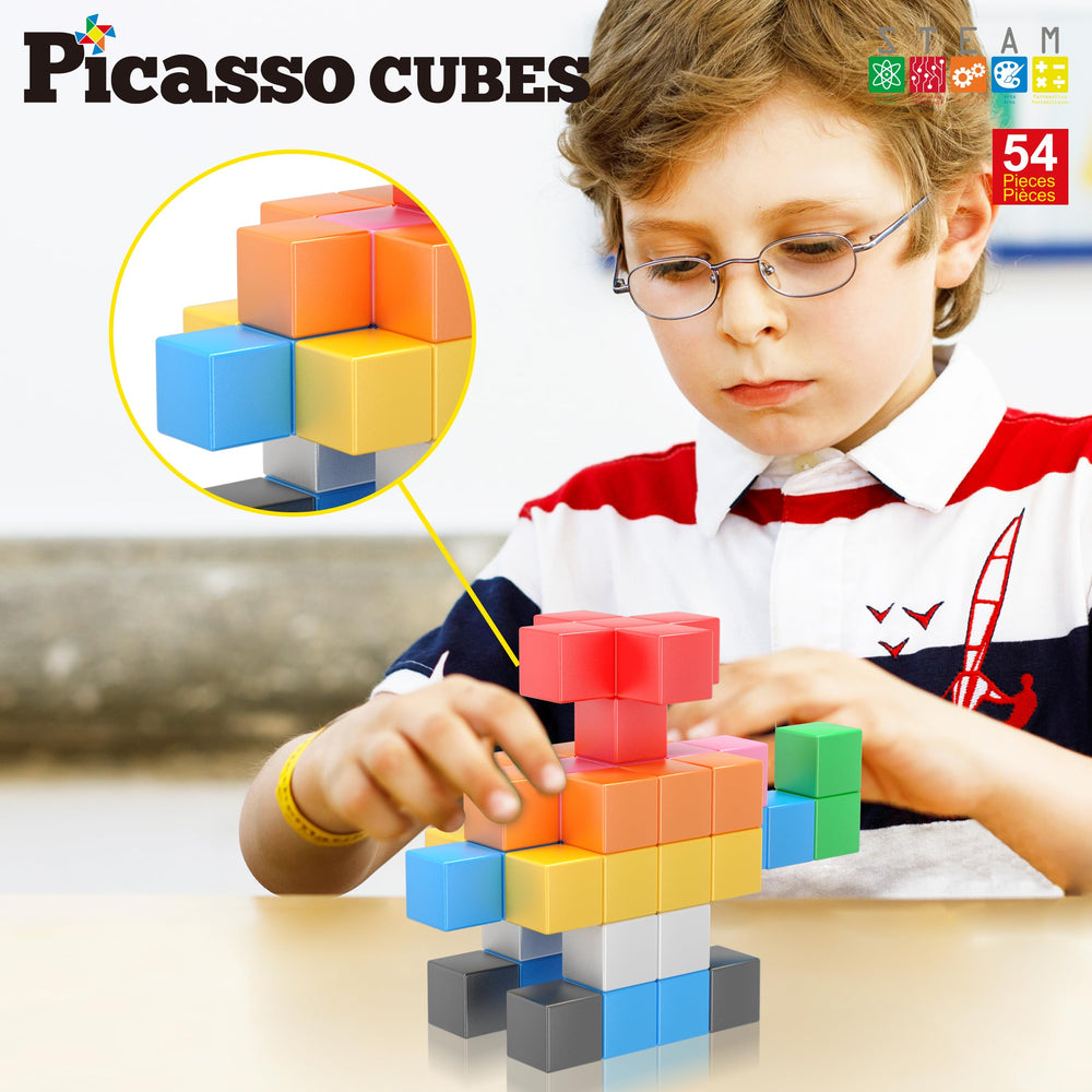 PicassoTiles magnetic connectors enabling quick, intuitive puzzle building.