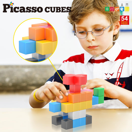 PicassoTiles magnetic connectors enabling quick, intuitive puzzle building.