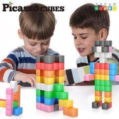 PicassoTiles magnetic building blocks forming a colorful castle design.