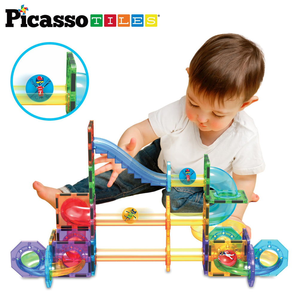 PicassoTiles magnetic marble run demonstrates cause and effect in hands-on discovery