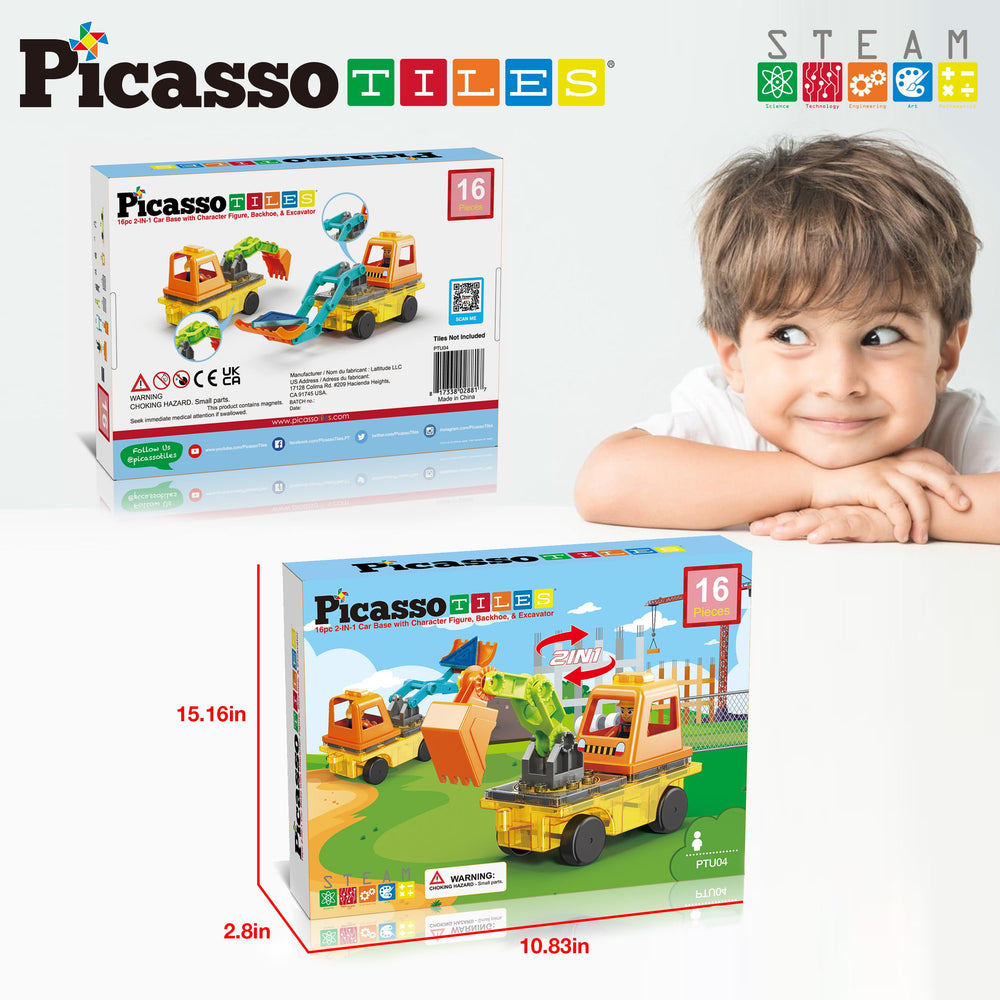 PicassoTiles magnetic tiles and figure, compatible play, extending creative construction sessions.