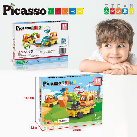 PicassoTiles magnetic tiles and figure, compatible play, extending creative construction sessions.