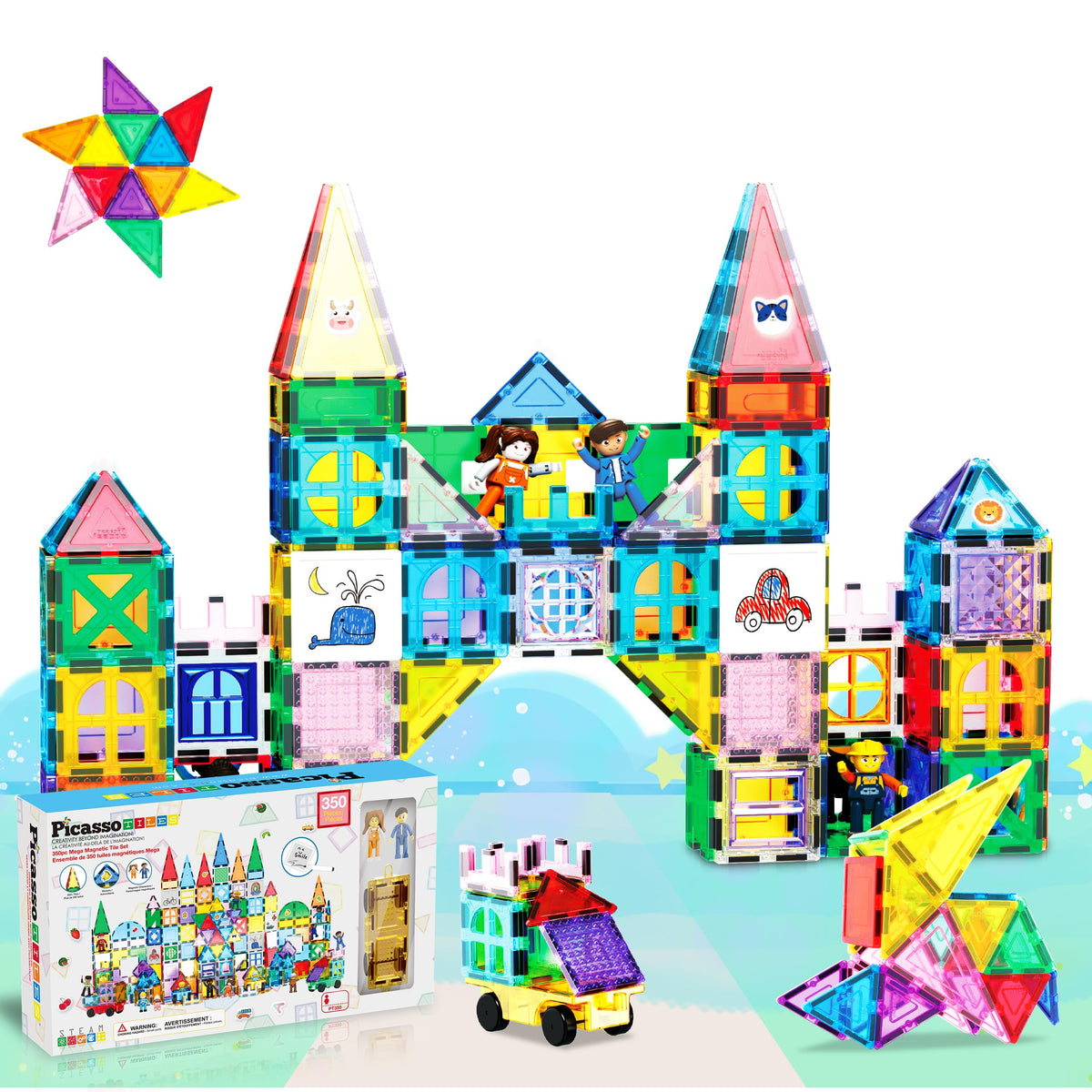 PicassoTiles Mega magnetic tiles in bright colors support creative building play for ages 3+