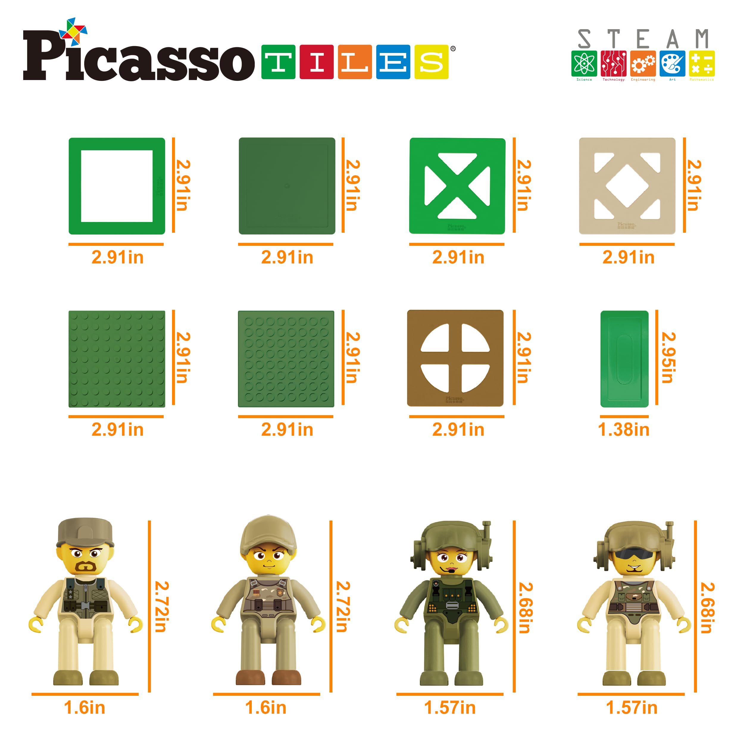 PicassoTiles mini weapons included for authentic combat-themed scenes.
