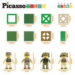 PicassoTiles mini weapons included for authentic combat-themed scenes.